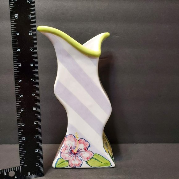 Asymmetrical Ceramic Vase, Tika, Lotus International, Painted Hibiscus Flowers - Picture 9 of 10